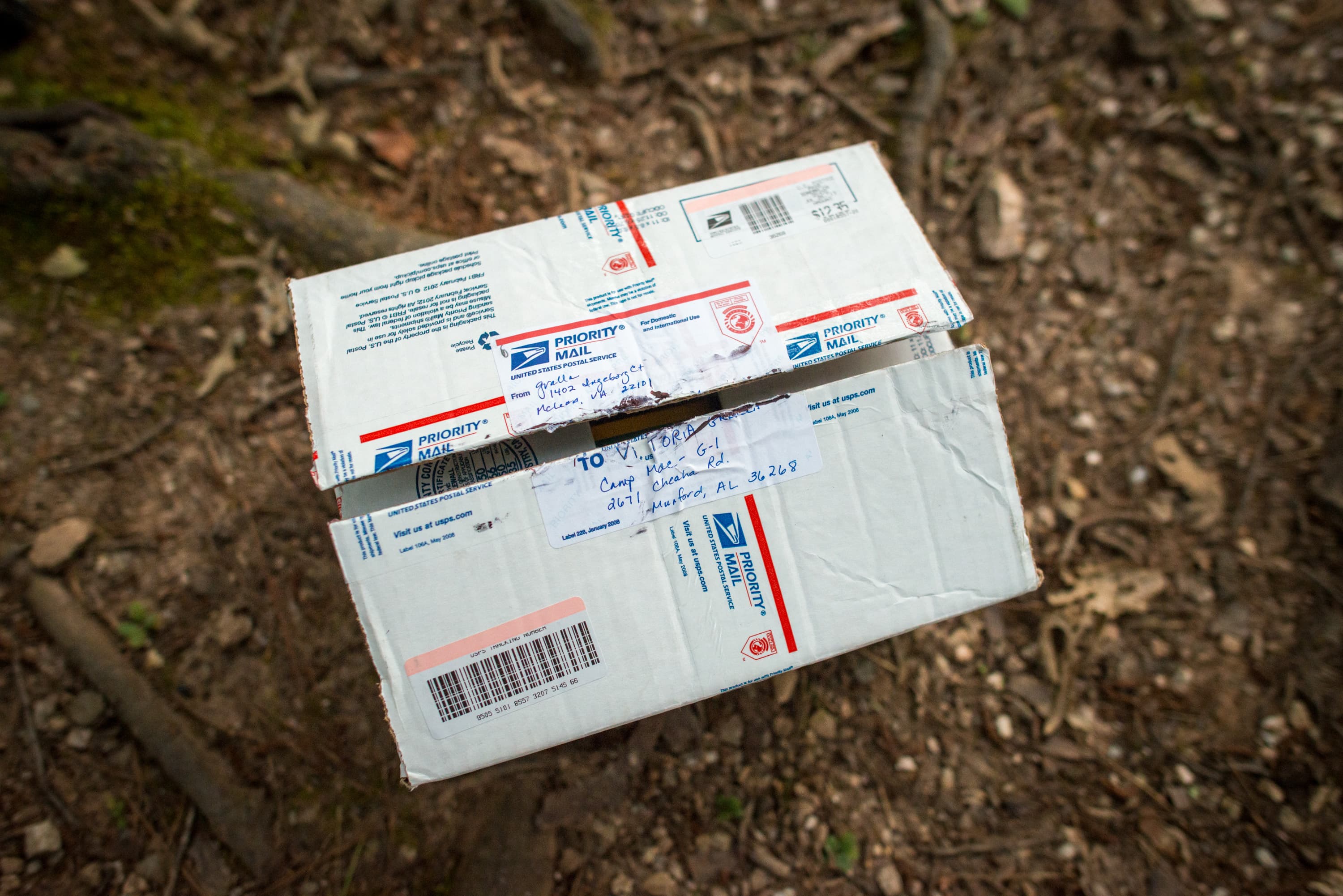 A USPS Priority Mail box with address labels, lying on a forest floor.